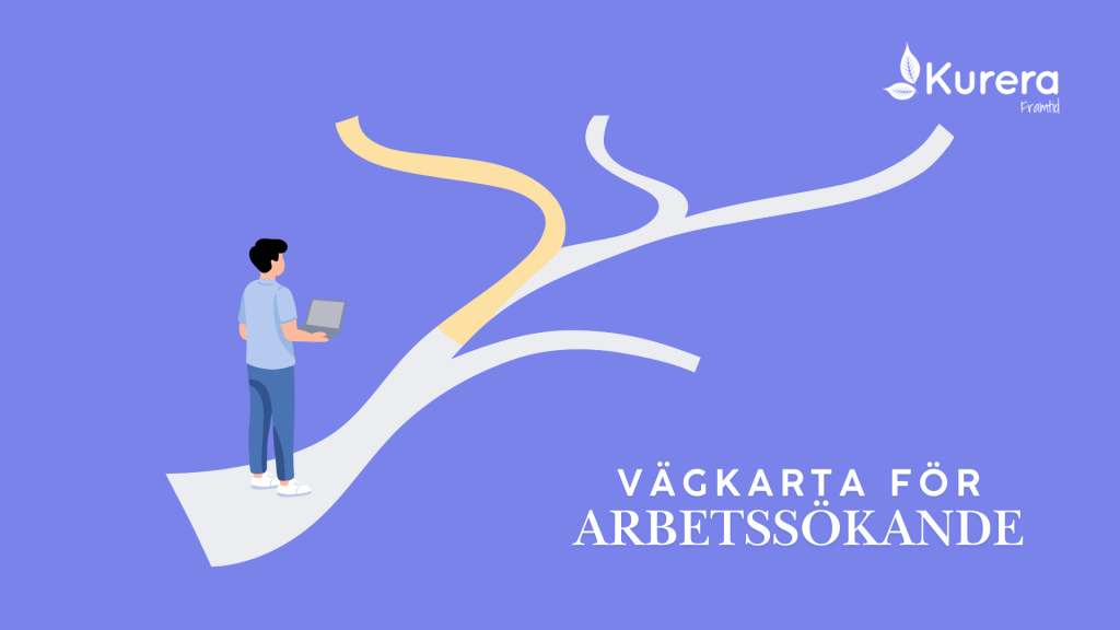 Illustration som visar Kurera Framtid statistik och en vägkarta för arbetssökande med en person som blickar mot olika karriärvägar.